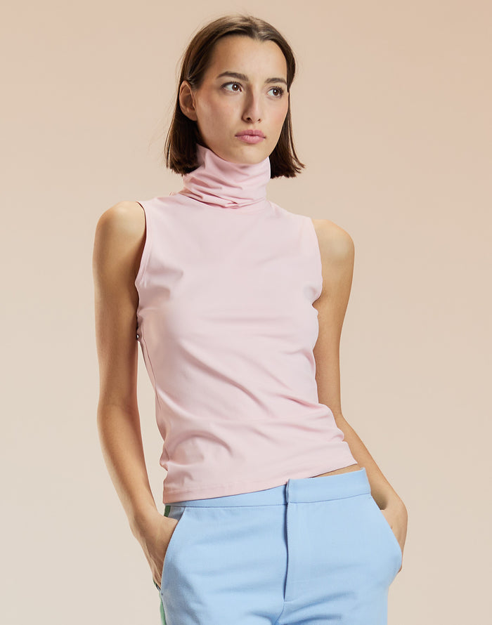 Pink Sleeveless Fitted Turtleneck