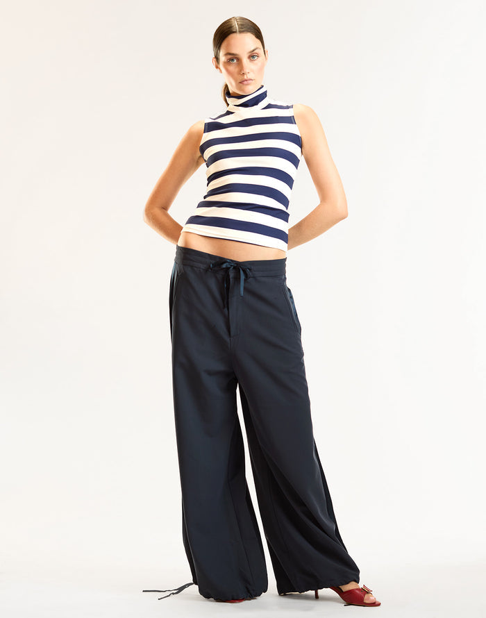 Navy Striped Fitted Sleeveless Turtleneck