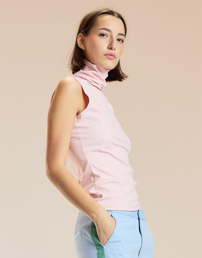 Pink Sleeveless Fitted Turtleneck