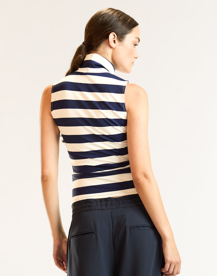 Navy Striped Fitted Sleeveless Turtleneck