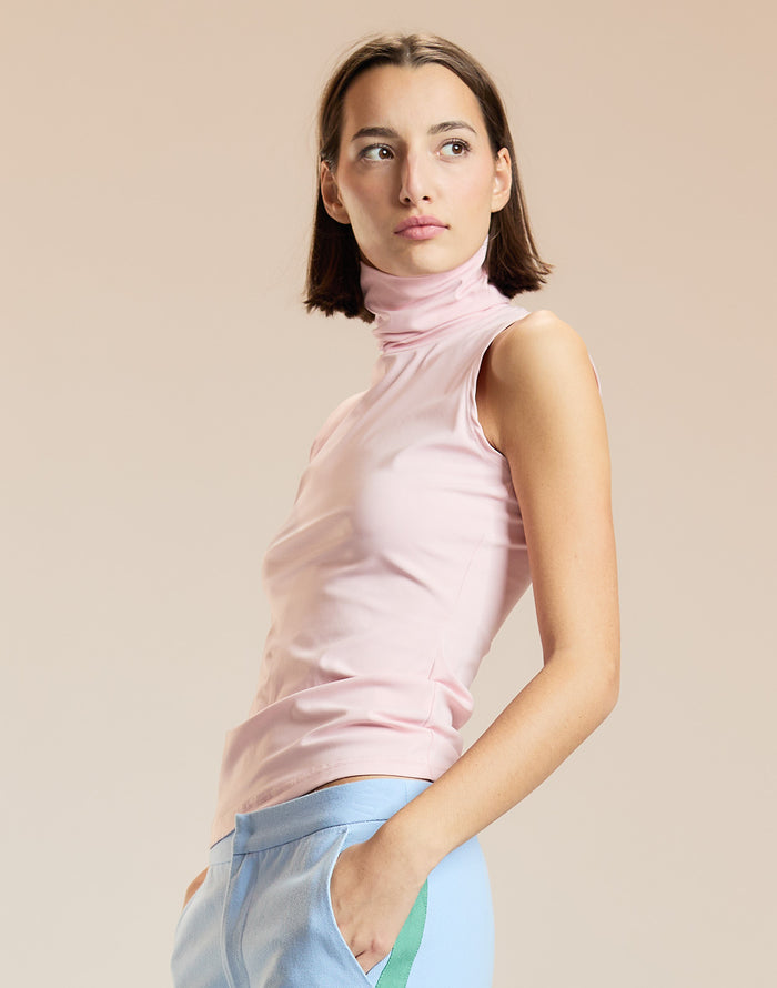 Pink Sleeveless Fitted Turtleneck