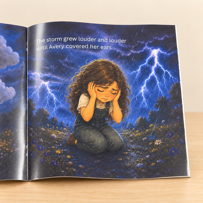 Thin softcover open-book mockup showing Avery facing anxious thoughts
