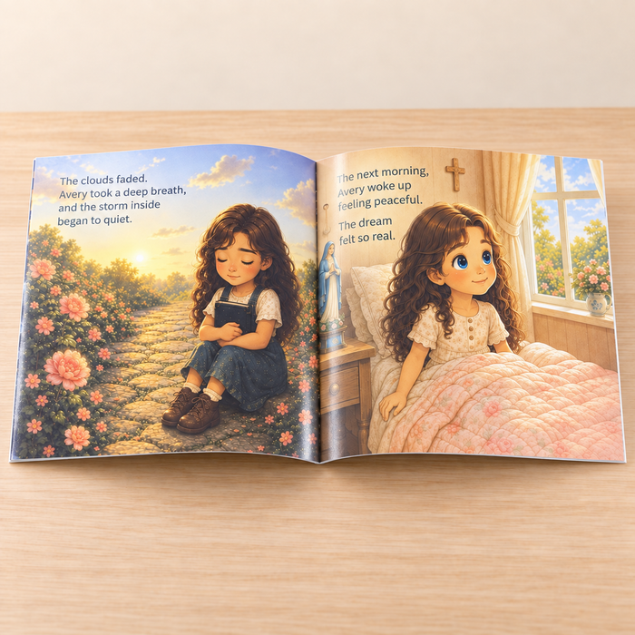 Thin softcover open-book mockup showing prayer, peace, and trust in God