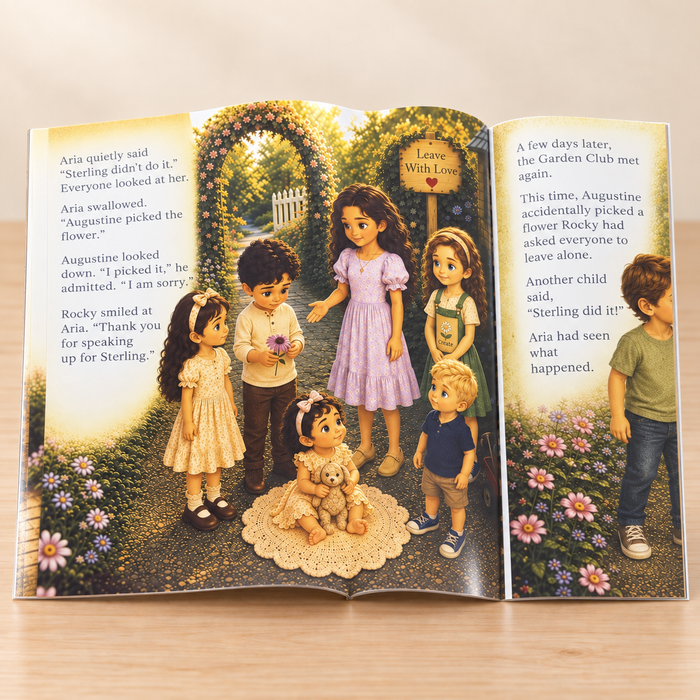 Thin softcover open-book mockup showing Aria speaking with courage and kindness