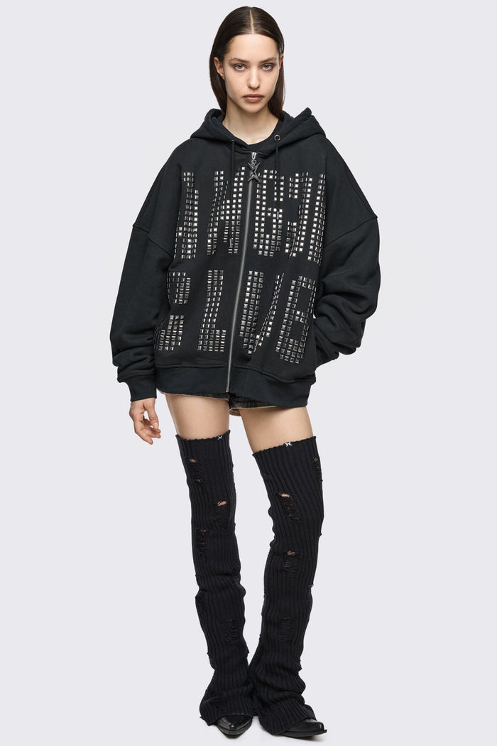 Black rib-knit thigh-high leg warmer with shredded distressed details in a grunge style.