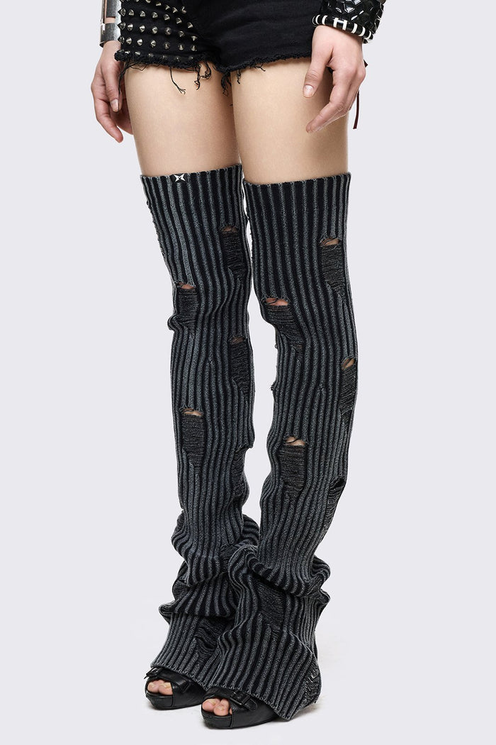 Marl grey cotton leg warmers with rib-knit texture, shredded distressed details and flared thigh-high fit in grunge style.