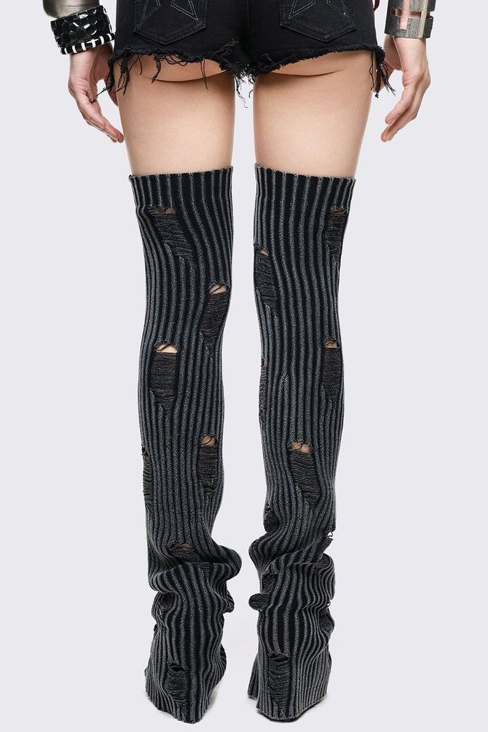 Marl grey cotton leg warmers with rib-knit texture, shredded distressed details and flared thigh-high fit in grunge style.