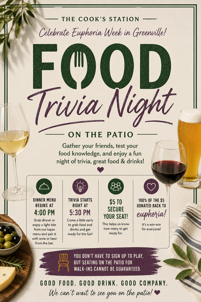Trivia Night on the Patio - Food Edition benefiting euphoria! 9/18/2026 5:30pm