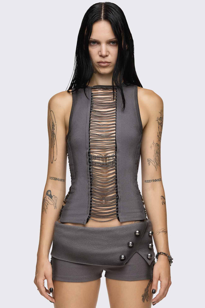 Grey washed tank top with front and side cutouts, silver chain detail, round neck and sleeveless design.