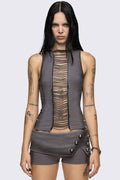 Grey washed tank top with front and side cutouts, silver chain detail, round neck and sleeveless design.