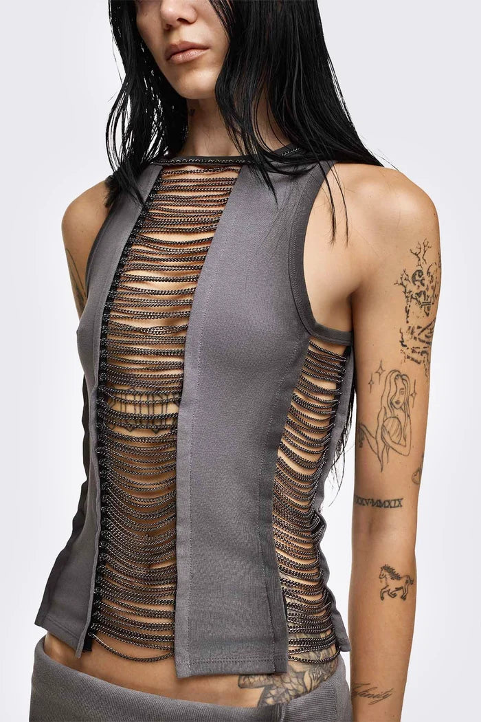 Grey washed tank top with front and side cutouts, silver chain detail, round neck and sleeveless design.