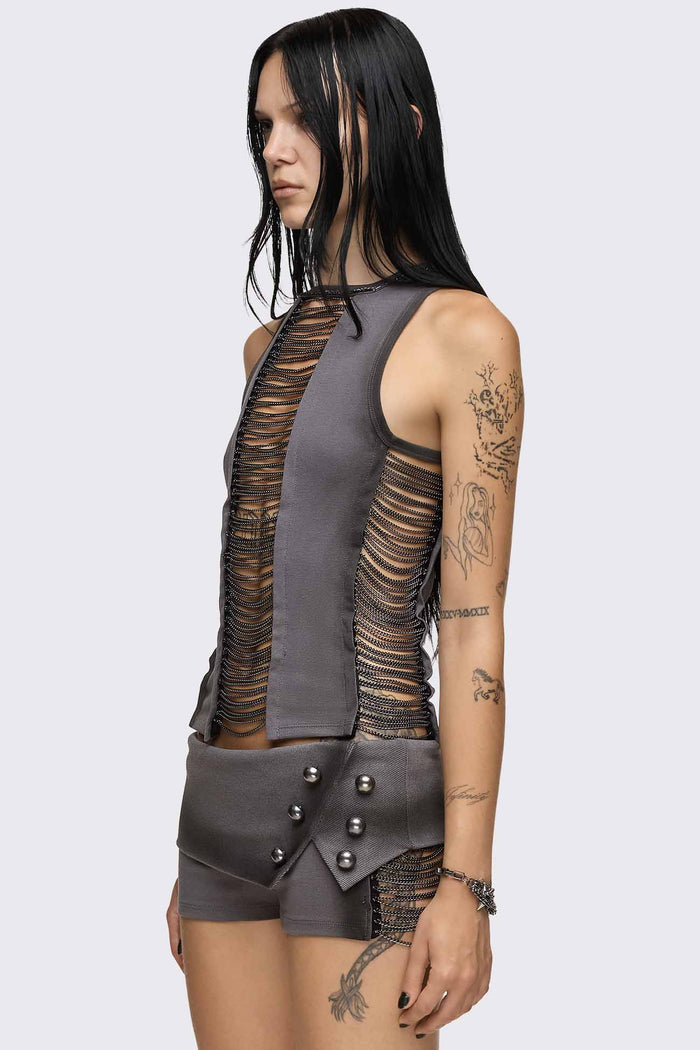 Grey washed tank top with front and side cutouts, silver chain detail, round neck and sleeveless design.