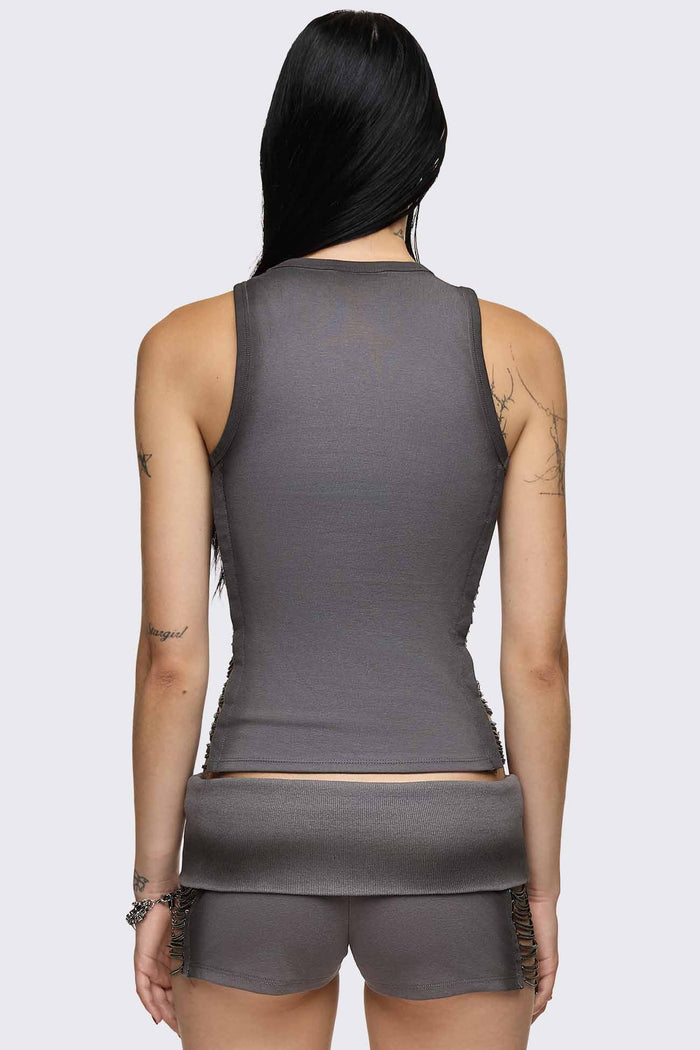 Grey washed tank top with front and side cutouts, silver chain detail, round neck and sleeveless design.