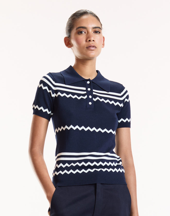 Navy Ziggy Cropped Knit Polo
